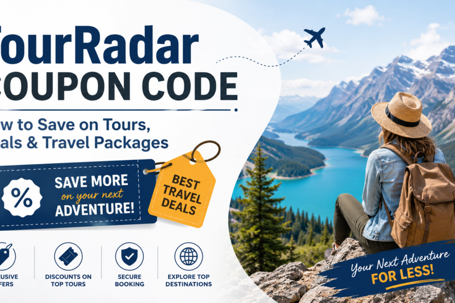 TourRadar coupon code travel deals graphic with laptop, passport, camera, map, and mountain adventure background.