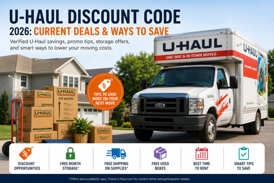 U-Haul discount code 2026 guide with moving truck, boxes, storage offers, free shipping, and money-saving tips