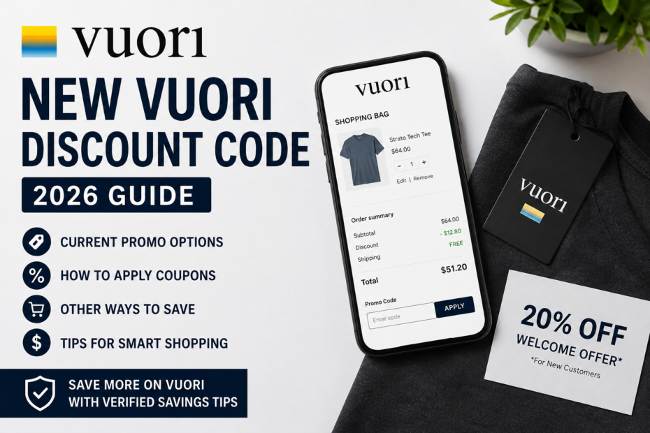 New Vuori discount code 2026 featured image showing a woman shopping online with Vuori apparel, coupon icon, and savings theme.
