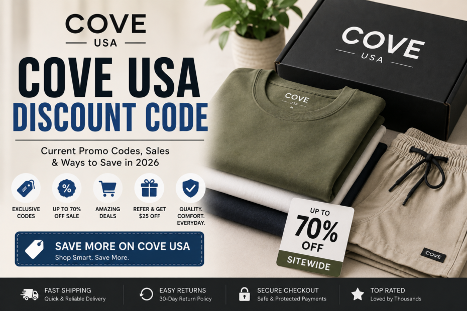Cove USA Discount Code 2026 featured image showing clothing, promo deals, and savings offers up to 70% off.